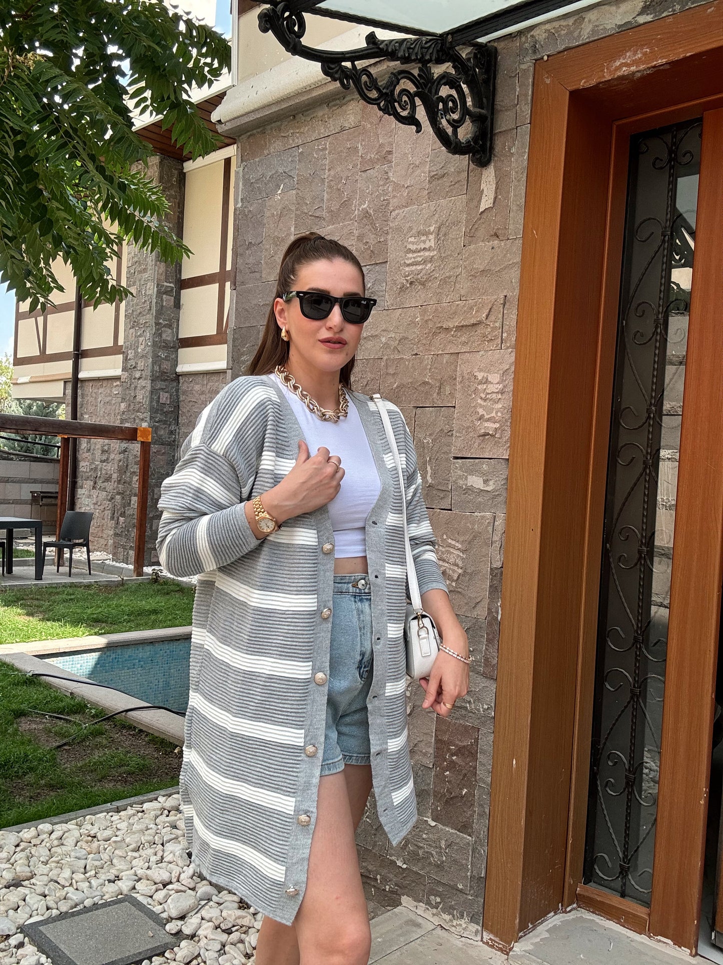 Çift Renk Çizgili Düğmeli Hırka - GRİ