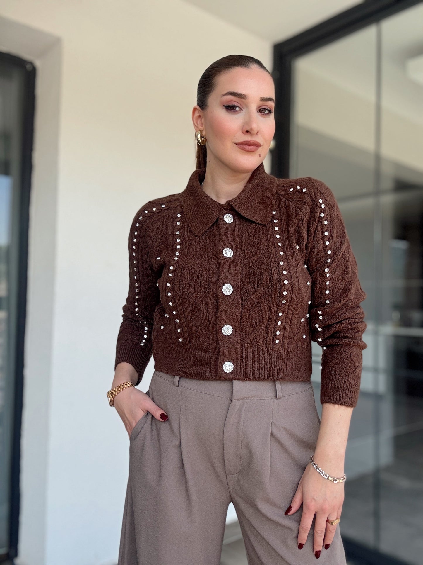 Örgü taşlı ceket-KAHVERENGİ