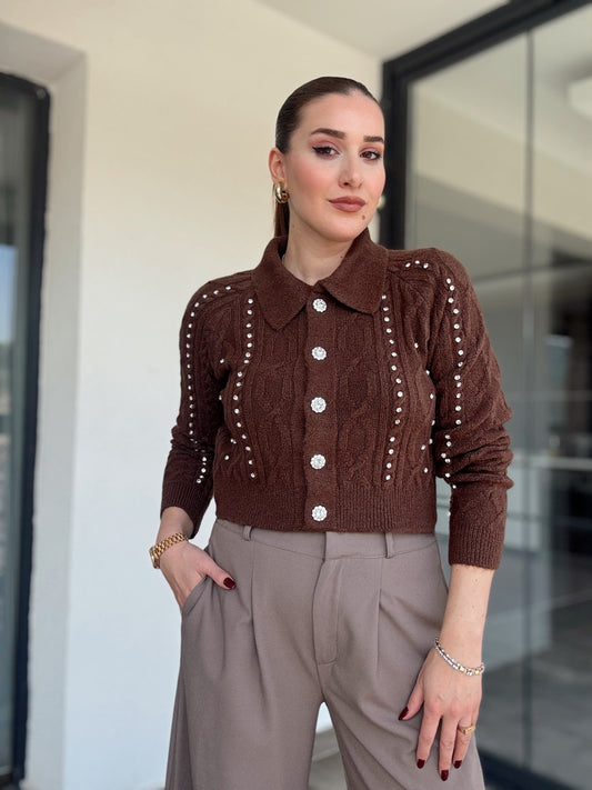 Örgü taşlı ceket-KAHVERENGİ