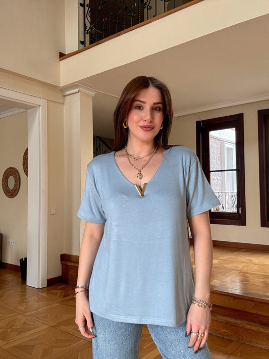 Modal Aksesuarlı Bluz Mavi