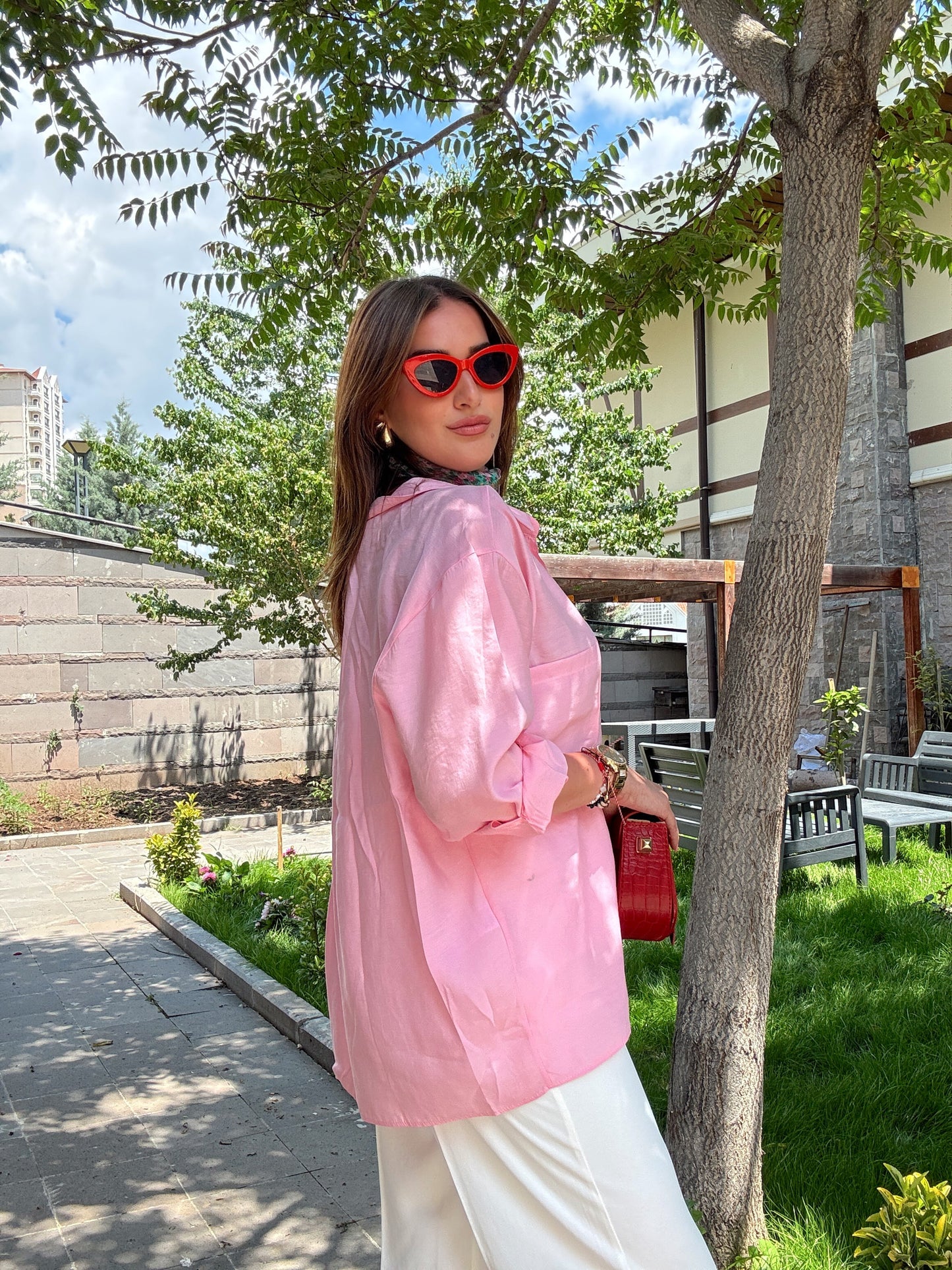 Düşük omuz aerobin gömlek Pembe