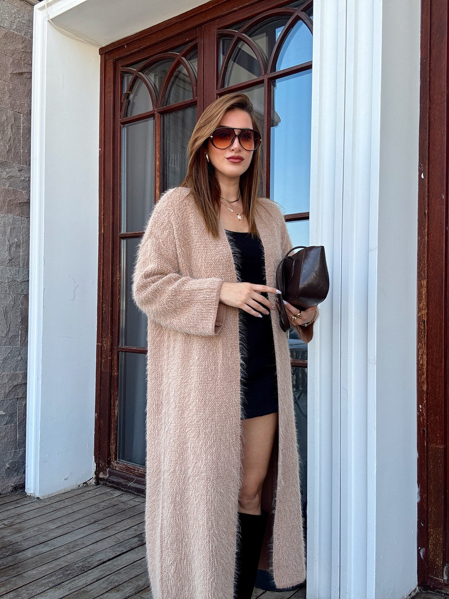 Kırçıllı sakal kumaş uzun hırka Camel