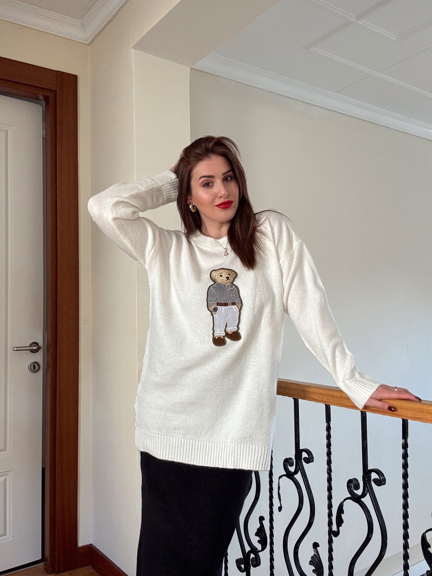 Ayıcık İşleme Yumoş Triko Kazak - EKRU-GRİ