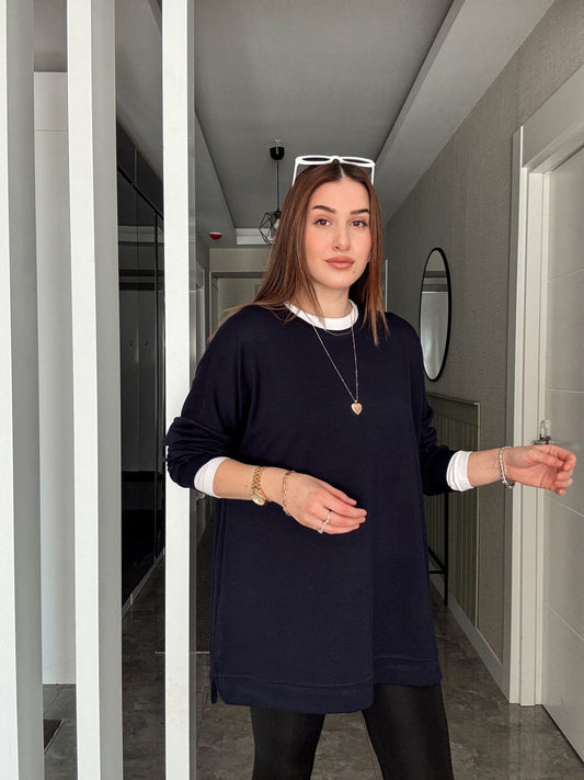Düz Yırtmaçlı Modal Kumaş SweatShirt LACİVERT