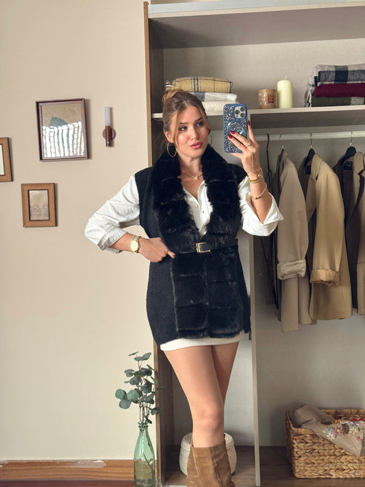 Önü peluşlu sakal kumaş yelek Siyah