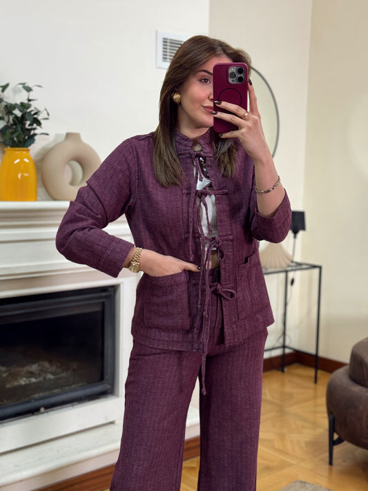 RUFFY bağlamalı yıkamalı gabardin ikili takım BORDO