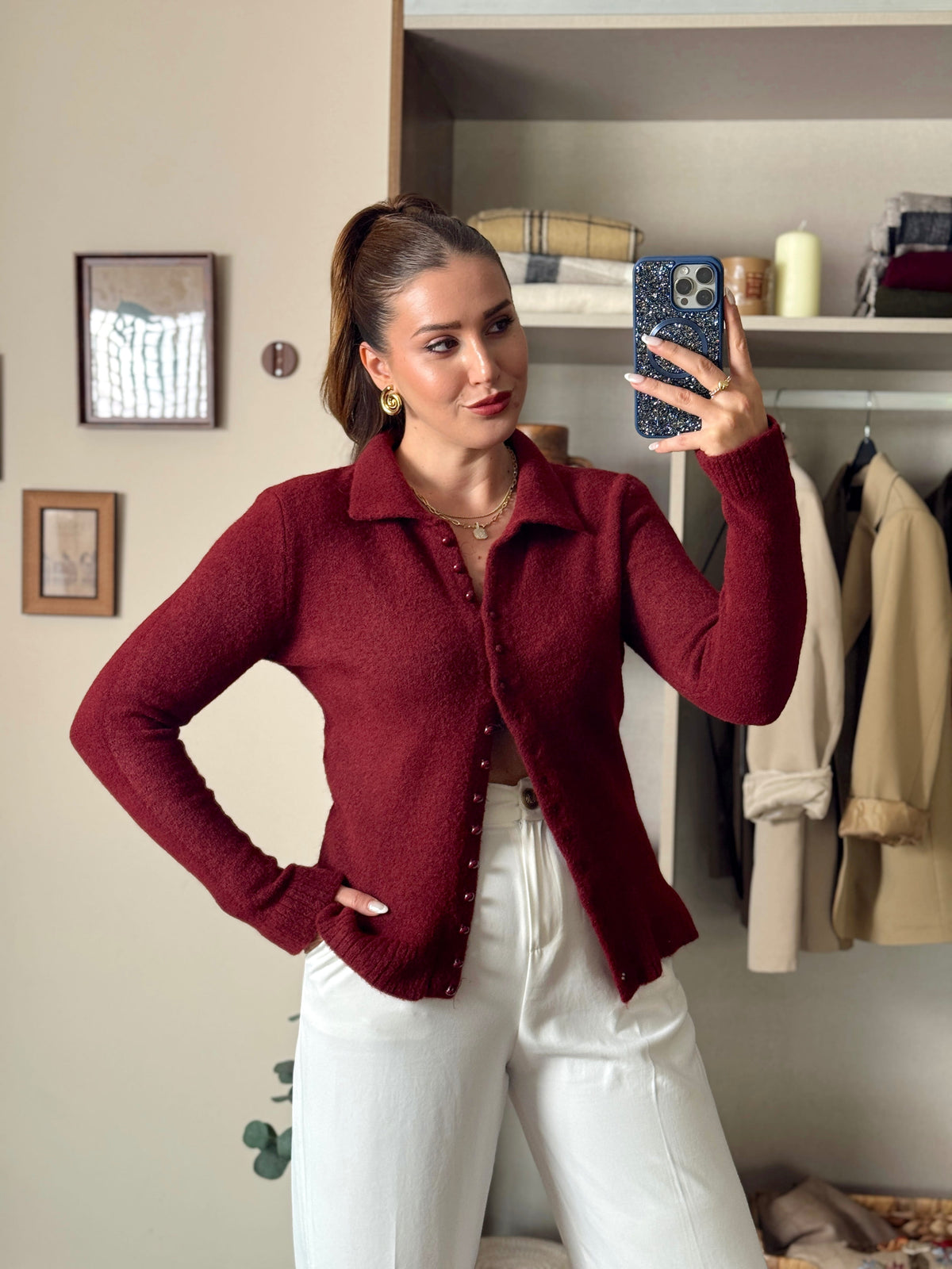 Polo yaka yumoş Pinterest hırka bordo