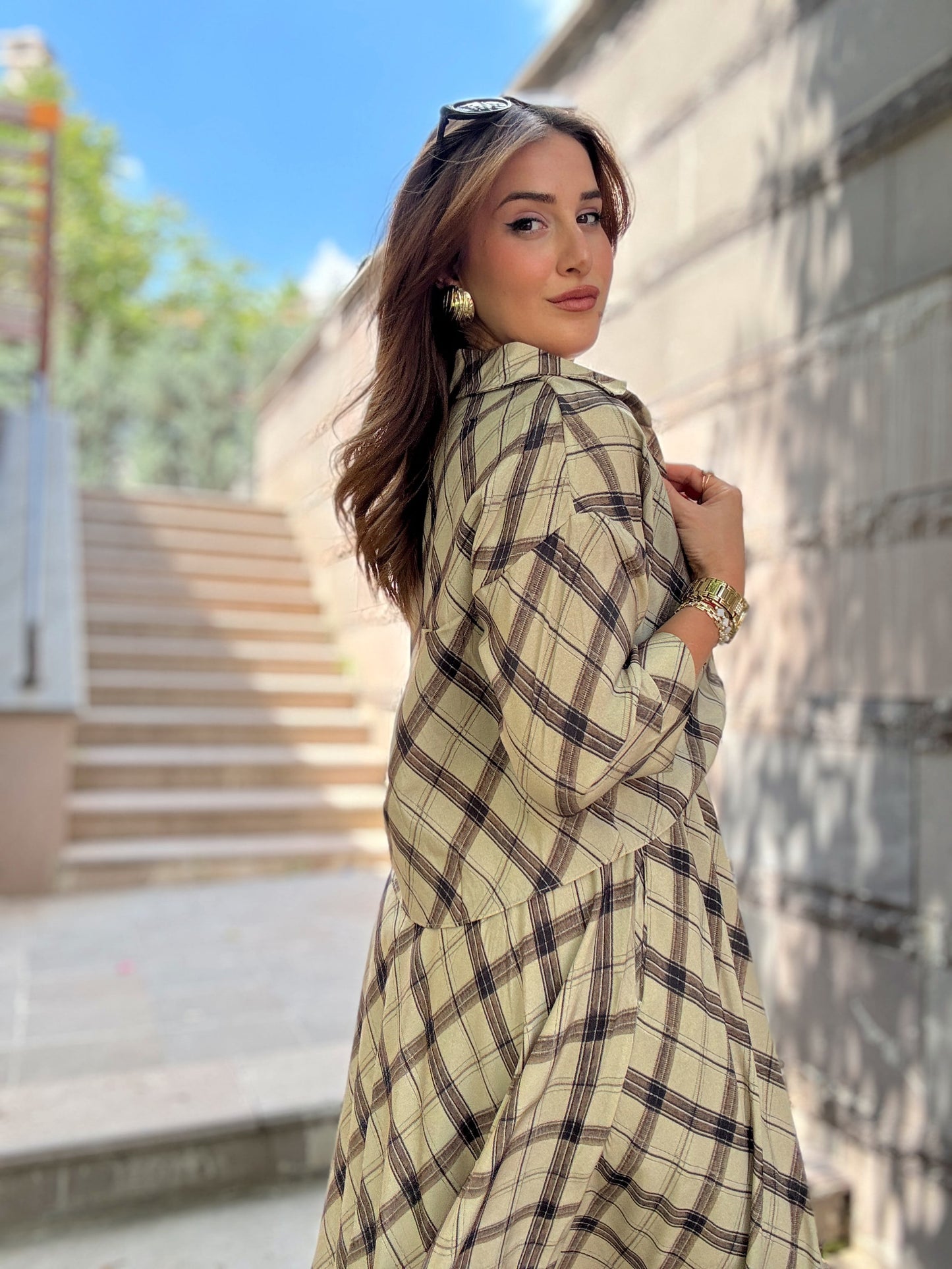 Baklava desenli Gömlekli Elbise Haki