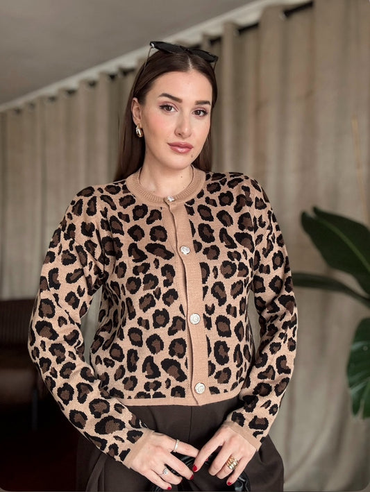 Düğmeli Leopar Hırka - KAHVERENGİ