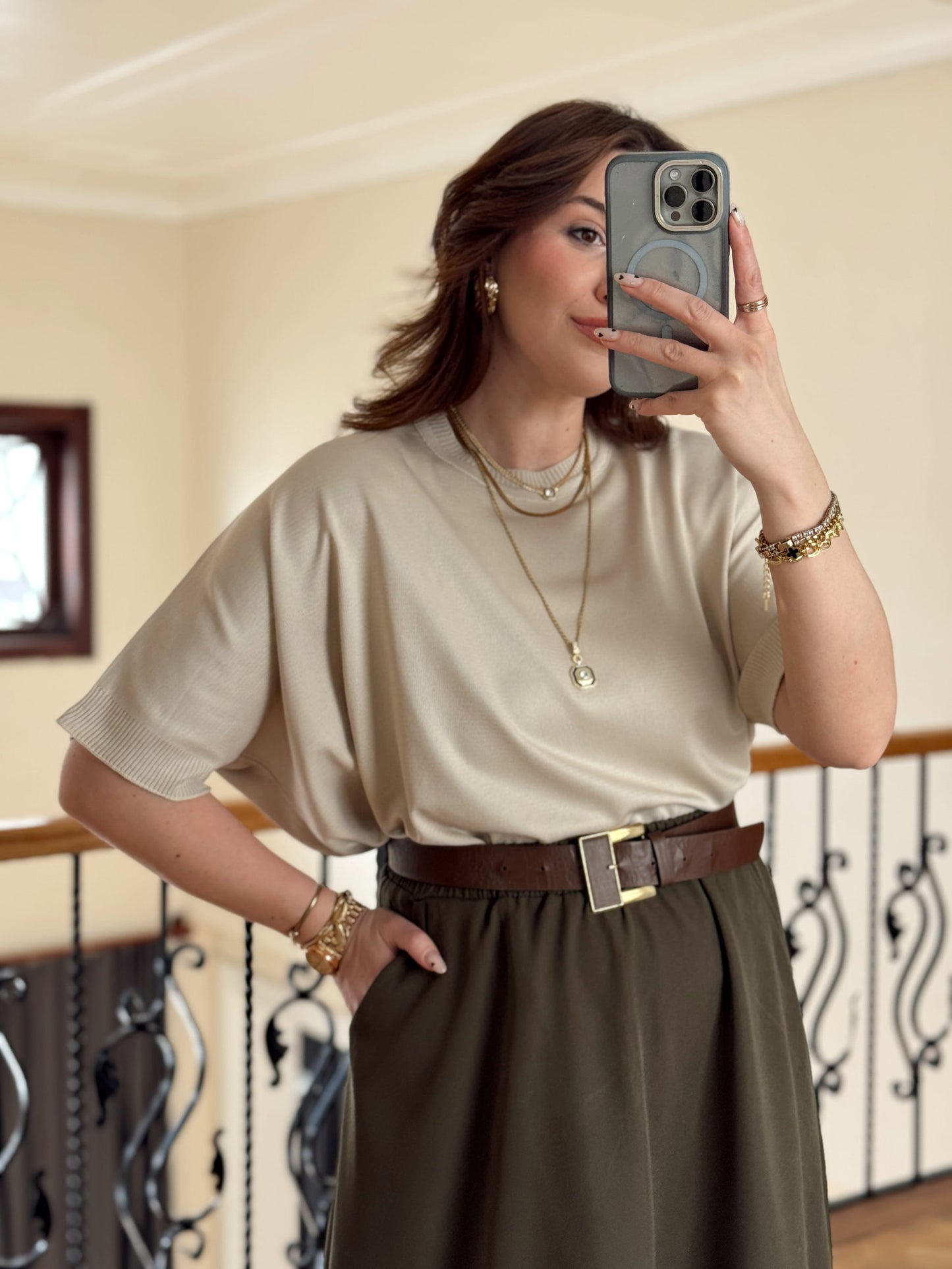 Kısa Kollu Oversize Triko Kazak-BEJ