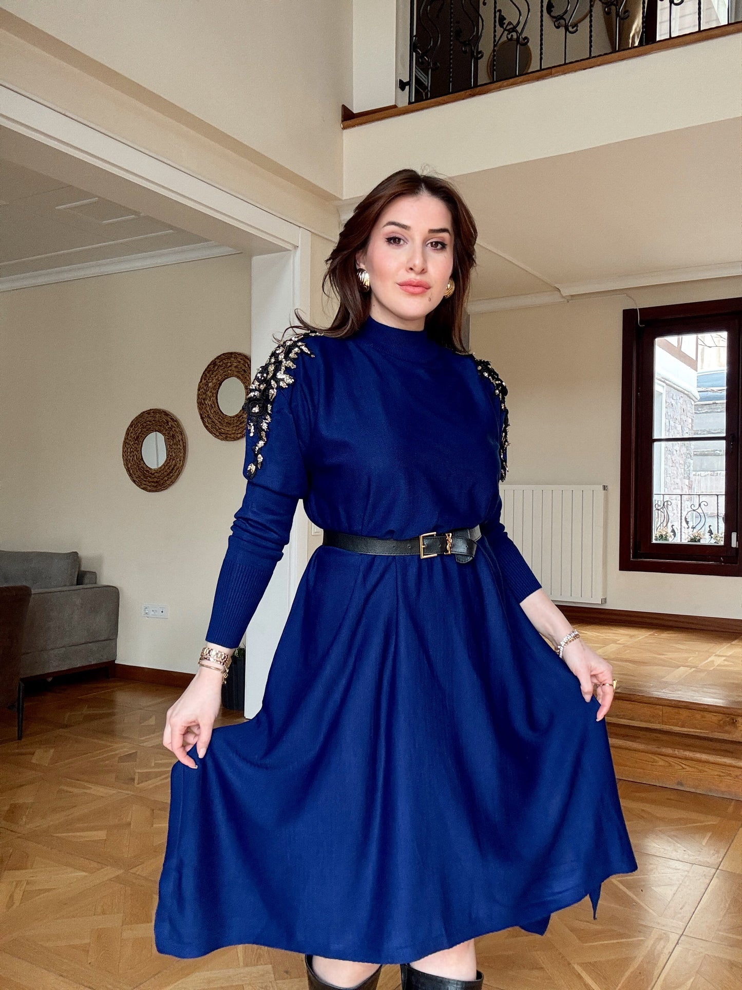 Omuz aksesuarlı tunik elbise -SAKS MAVİ