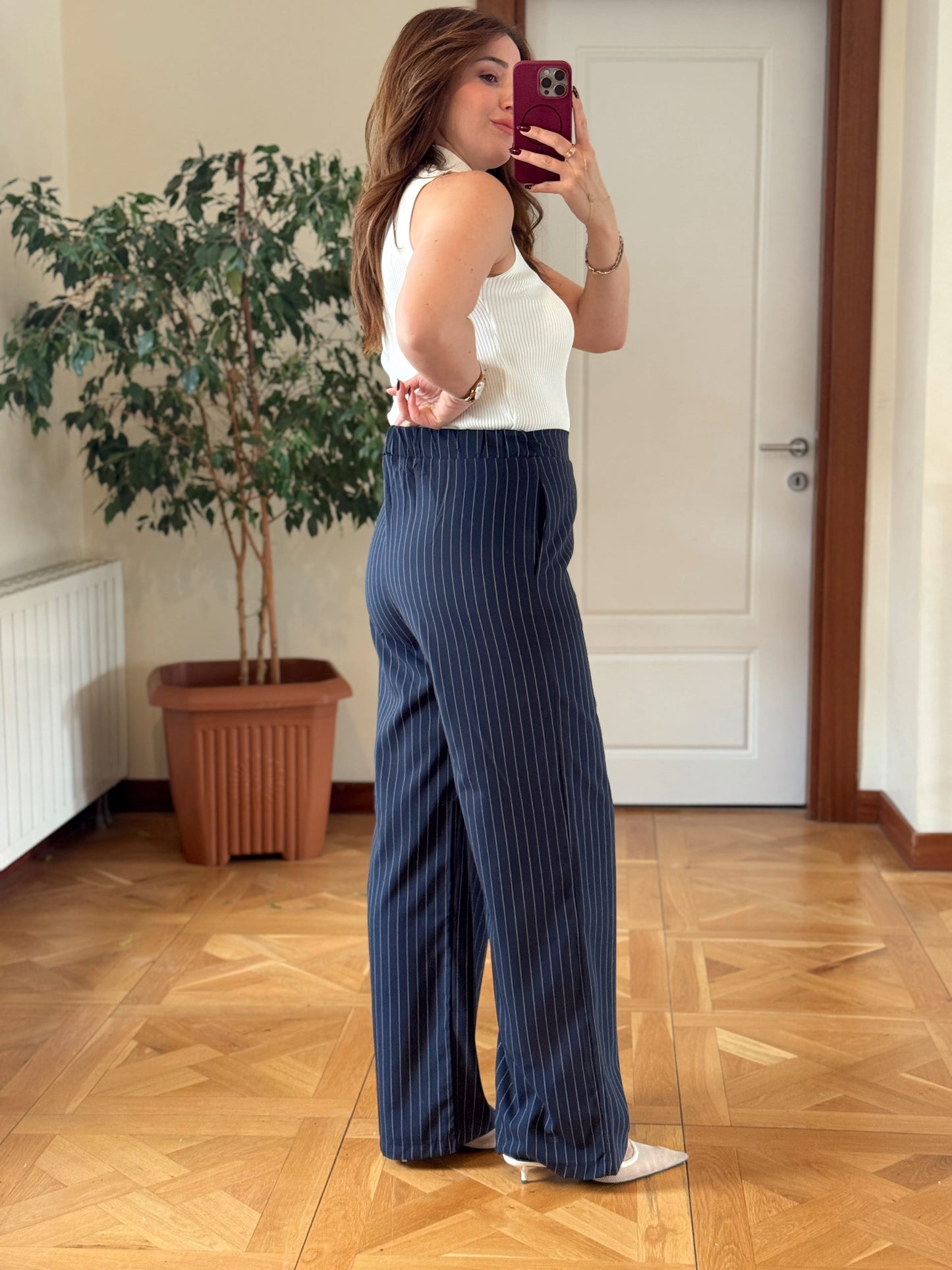 Beli lastikli çizgili pantolon-LACİVERT