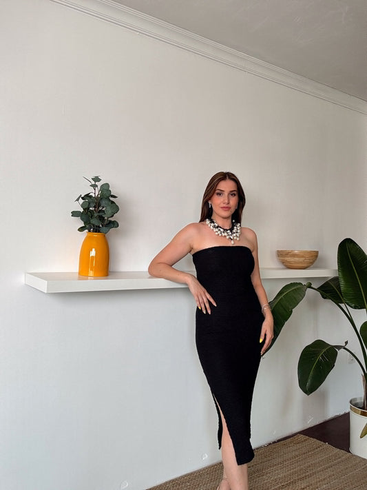 BEYDA straplez yırtmaçlı astarlı elbise SİYAH
