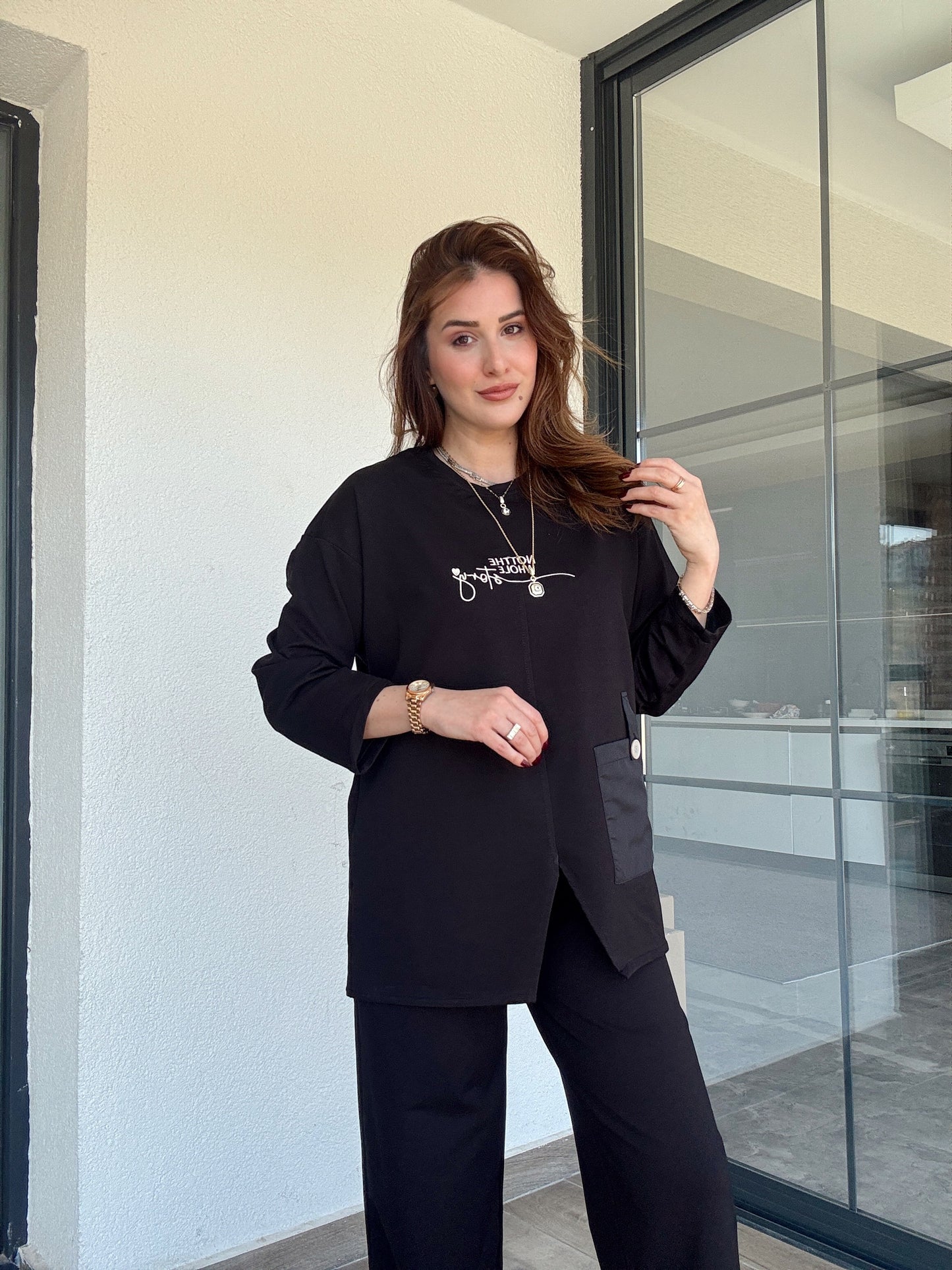 Cep detaylı nakışlı takım-SİYAH