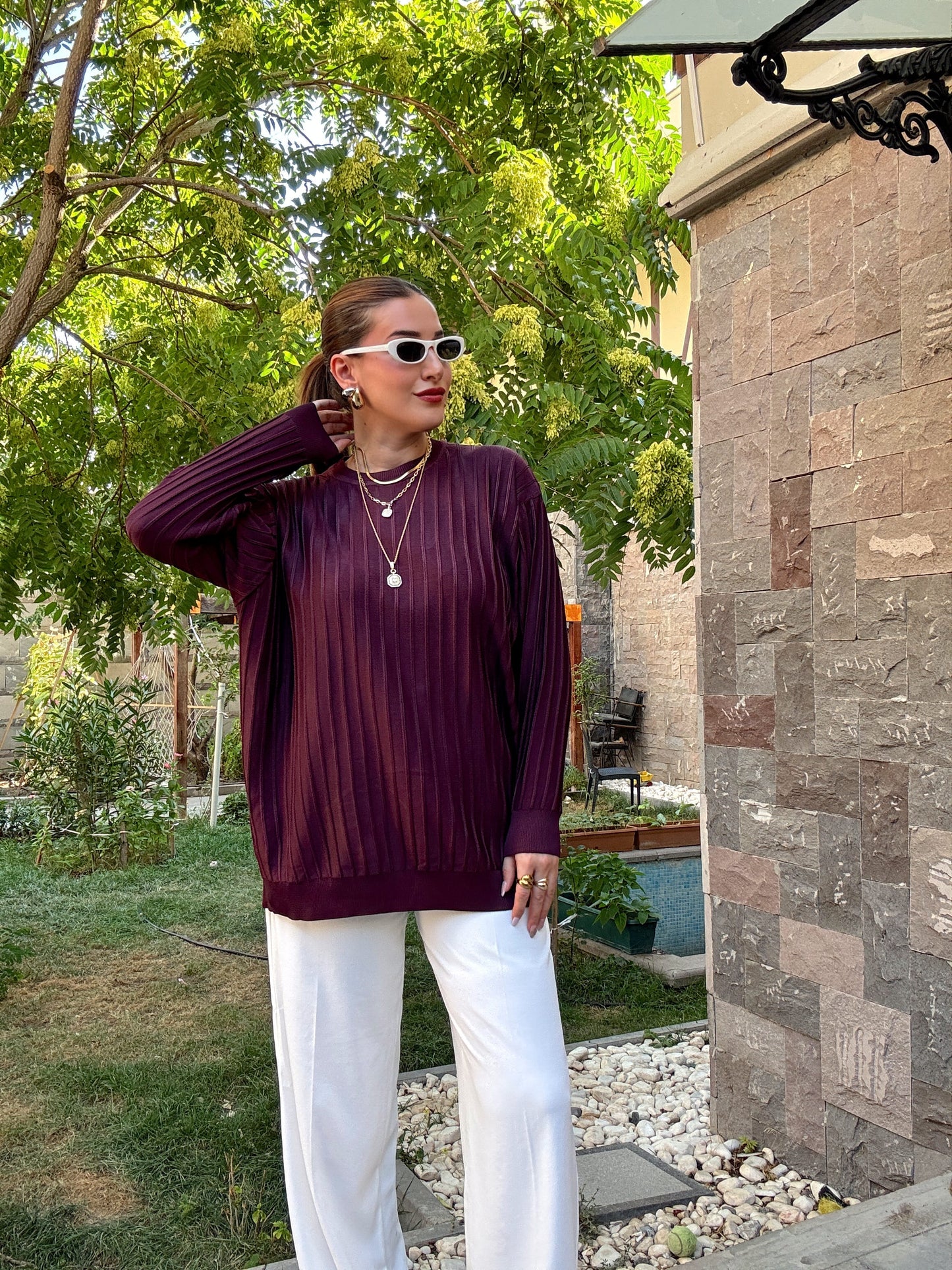 Şerit detaylı oversize premium kazak Mürdüm