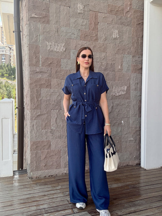 Kuşak detaylı İkili Takım Lacivert