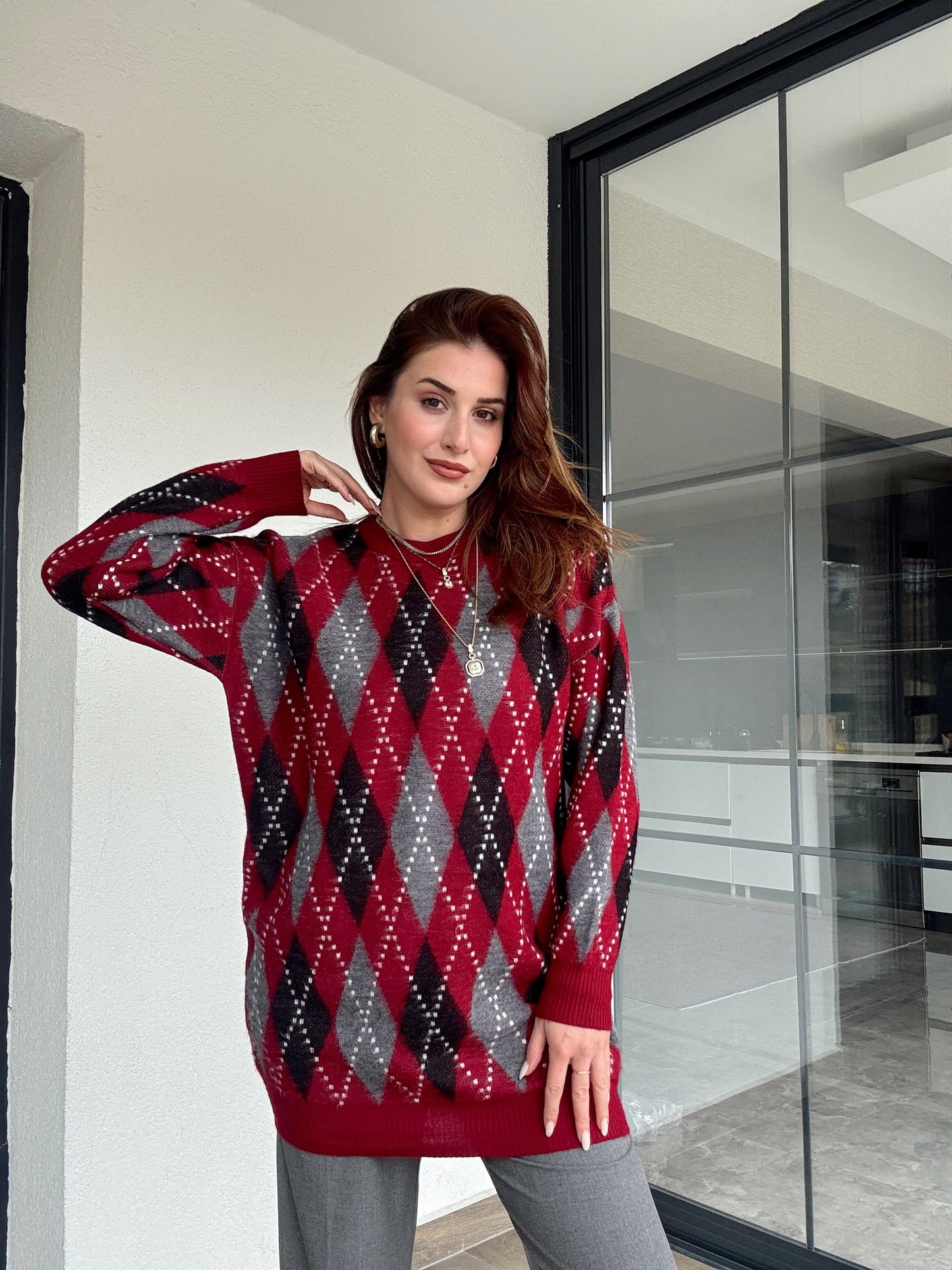 Tunik boy oversize baklava desenli kazak-BORDO