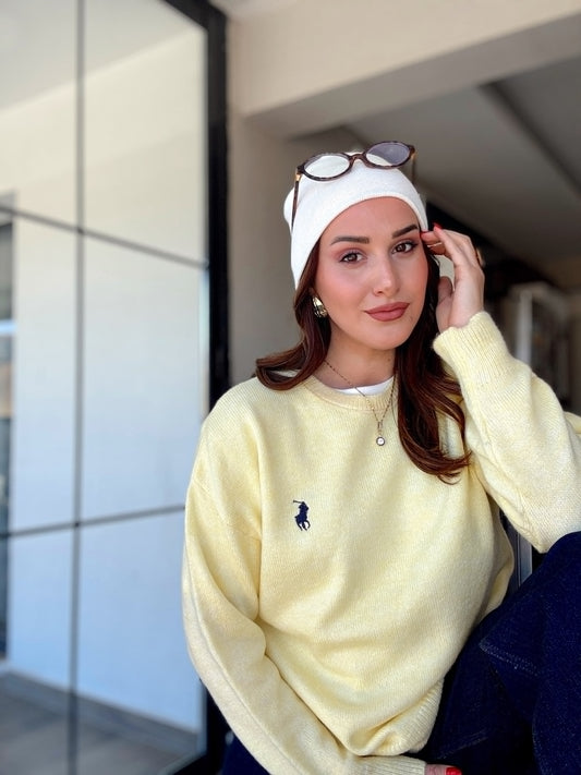 Nakışlı Oversize Triko Kazak Sarı