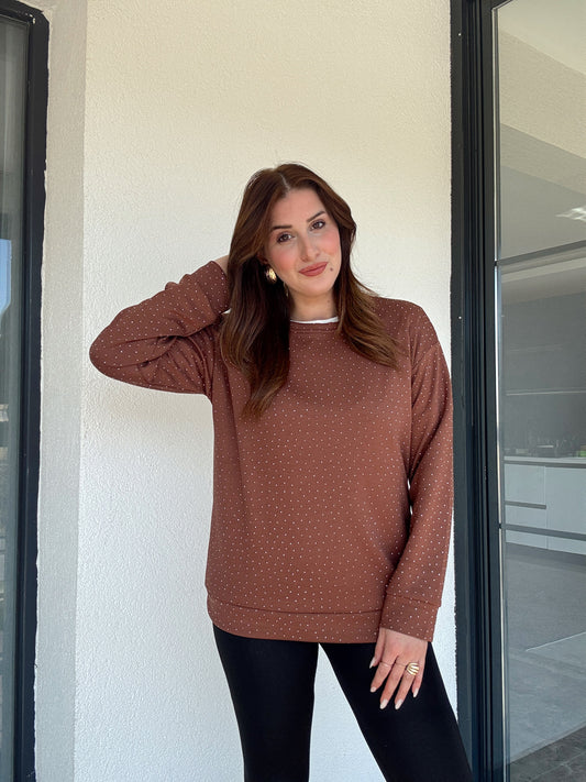 Modal taşlı iki iplik sweat-KAHVERENGİ