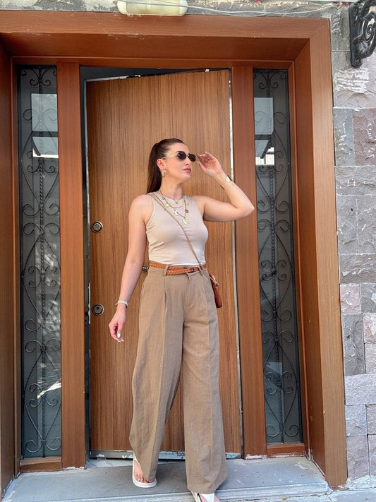 Kemerli keten palazzo pantolon HAKİ
