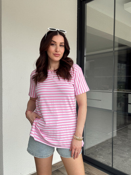 Çizgili Sıfır Yaka Kısa Kol Tişört - PEMBE