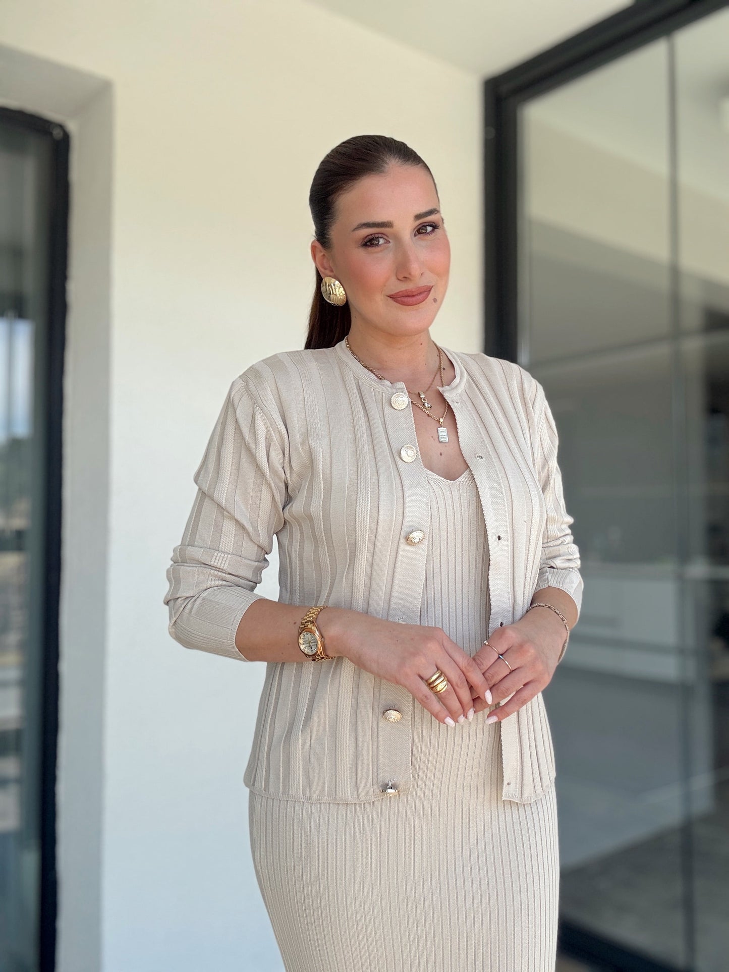 Fitilli Düğmeli Triko Takım Latte