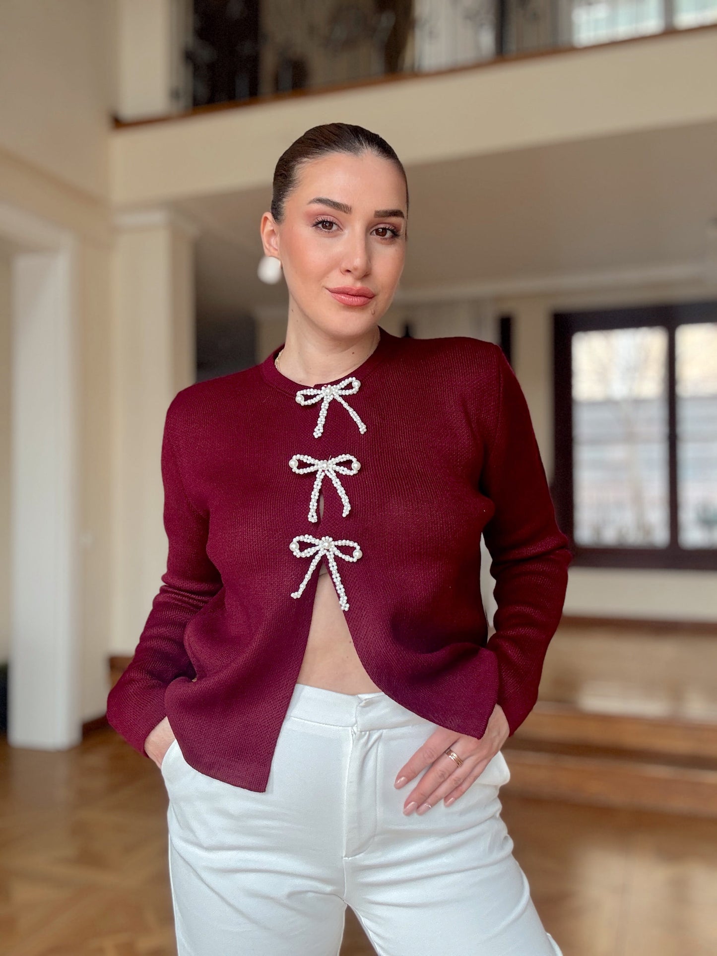 Fiyonk inci taşlı hırka-BORDO