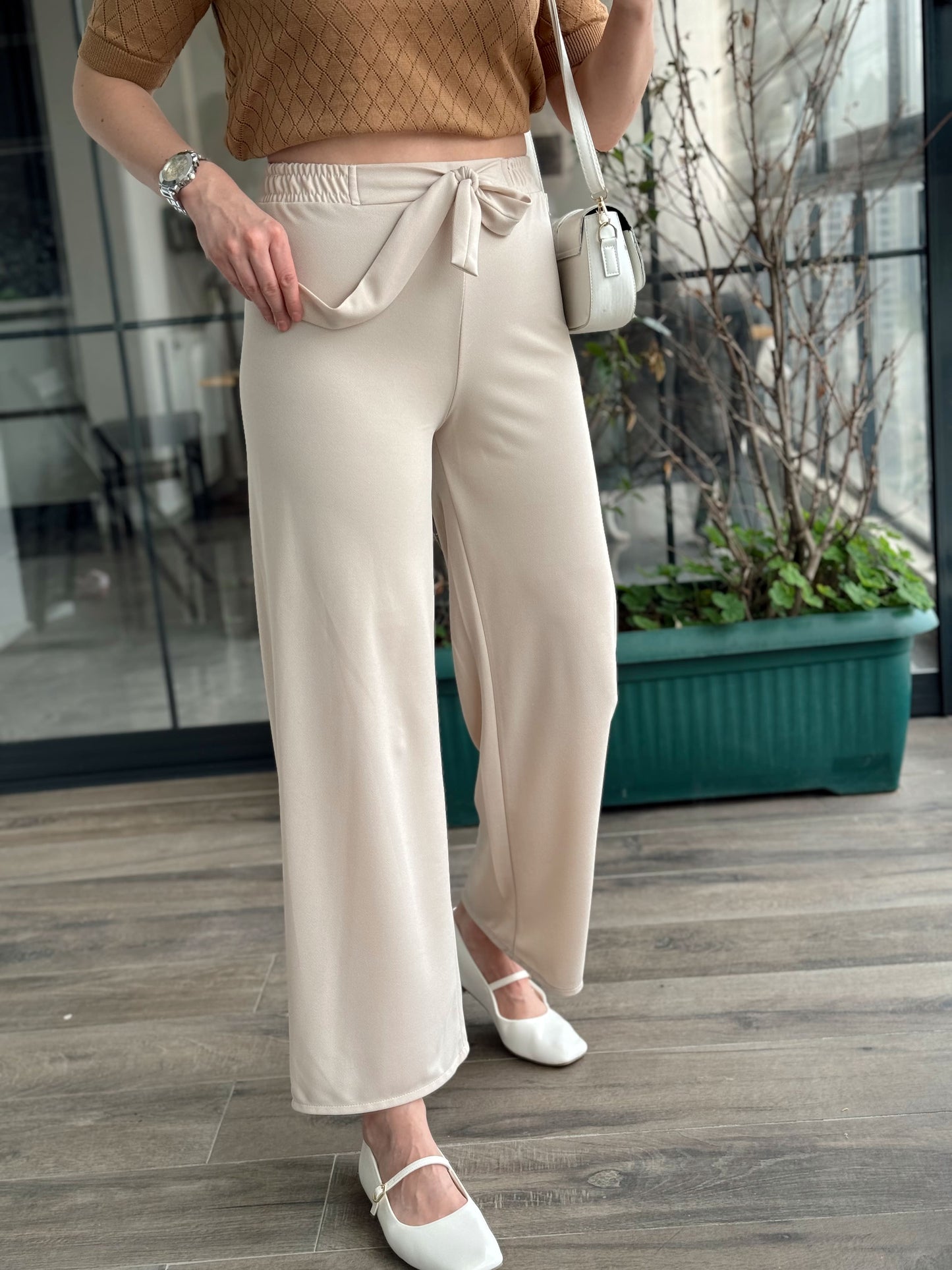 Kuşaklı Crep Kumaş Palazzo Pantolon-BEJ