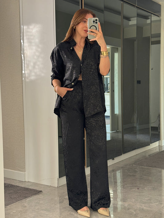 Leopar desenli İkili Takım Siyah