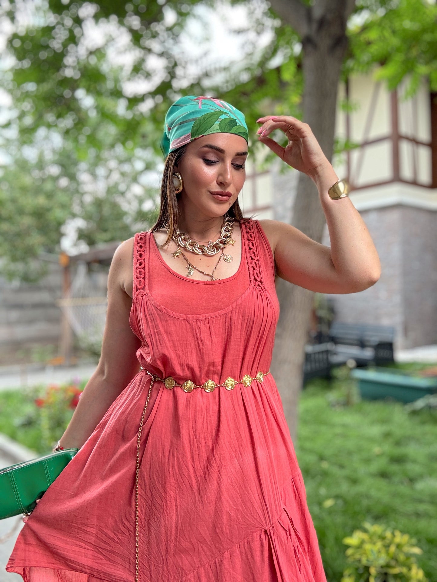 Askı Halka işlemeli Uzun Elbise nar çiçeği