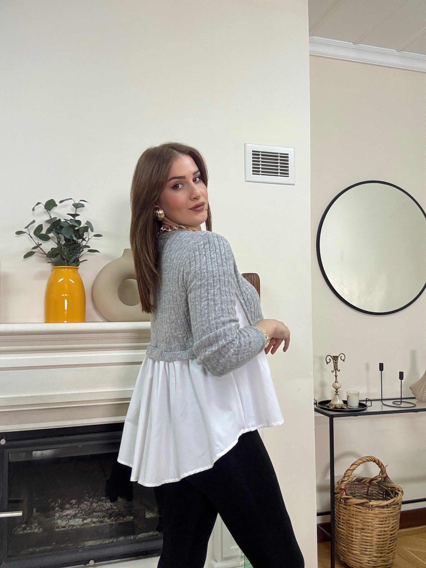 Poplin gömlek garnili triko kazak -GRİ