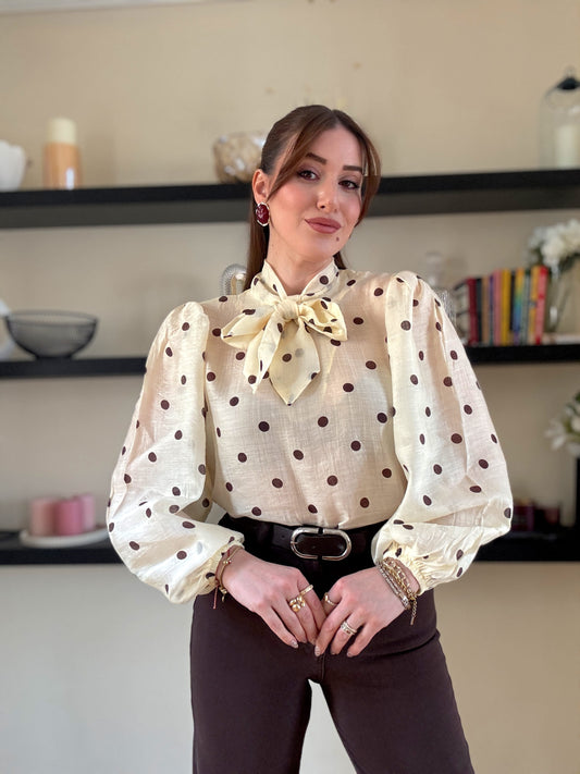 Puantiye desenli viskon gömlek açık Sarı