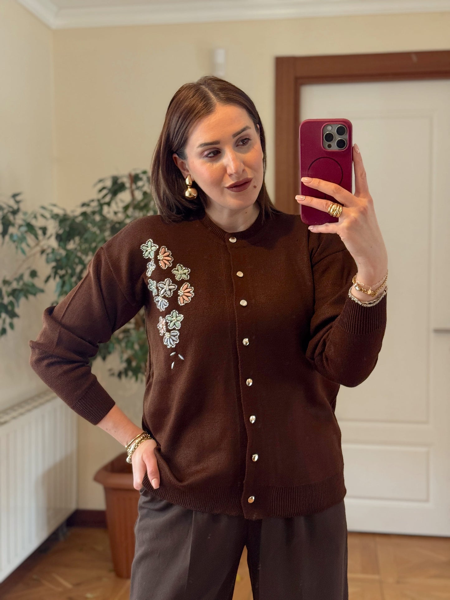 Papatya çiçekli hırka KAHVERENGİ