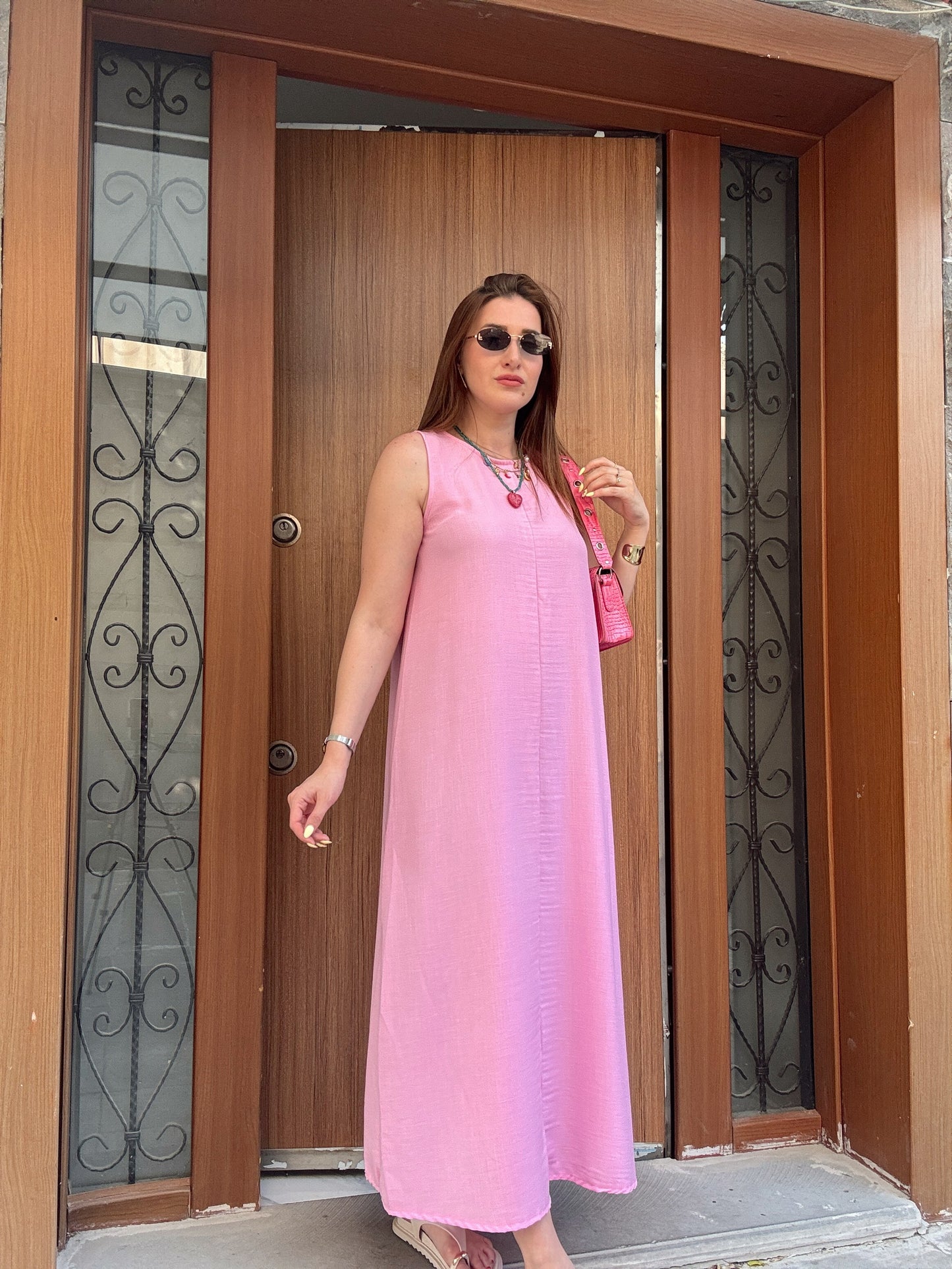 Bisiklet Yaka Düğmeli Keten Elbise Pembe
