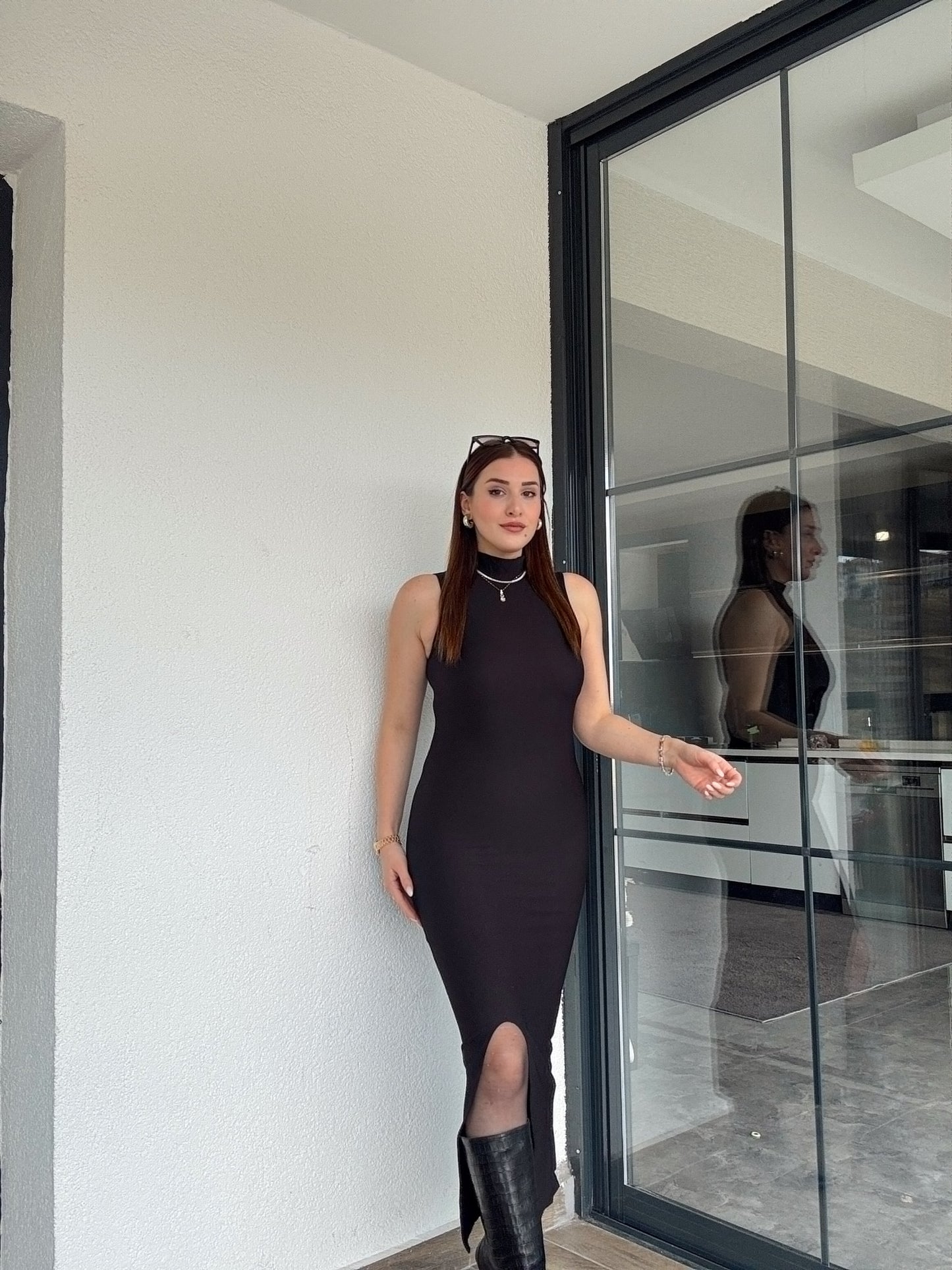 Balıkçı yaka kolsuz elbise-SİYAH