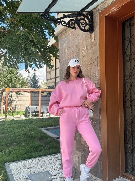 Üç İplik Şardonlu Basic Eşofman Alt - PEMBE