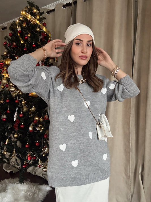 Minik Kalp Detay Triko Kazak - GRİ
