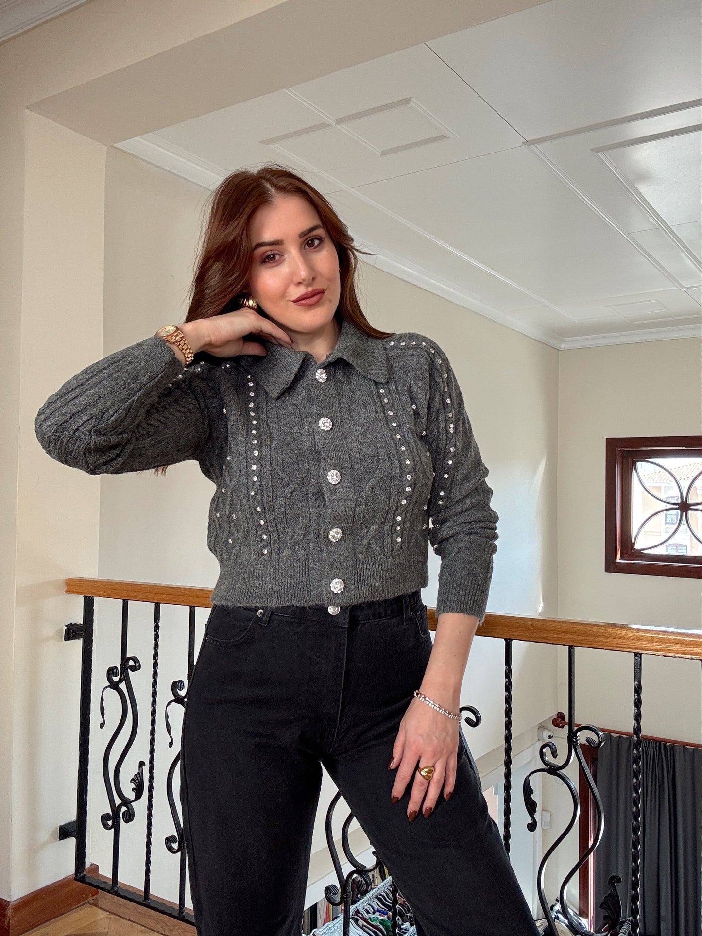 Örgü taşlı ceket-FÜME