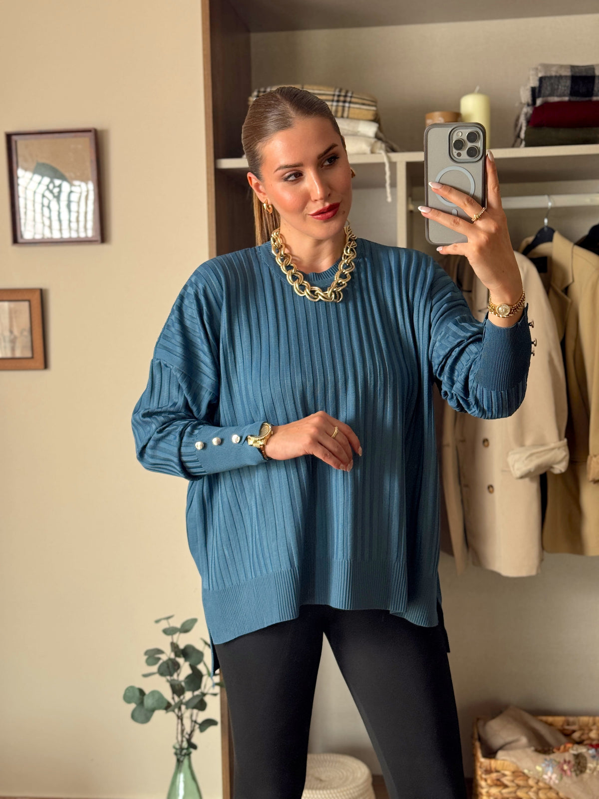 Oversize kesim düğmeli bol kazak İndigo