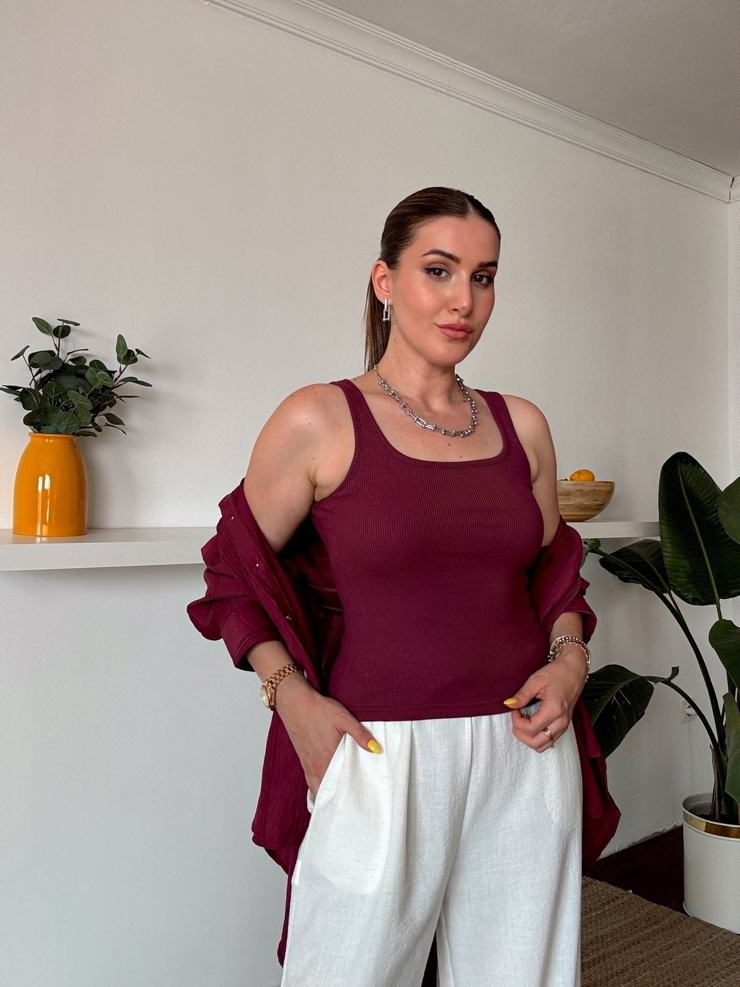 Crush çizgili atletli basic gömlek BORDO
