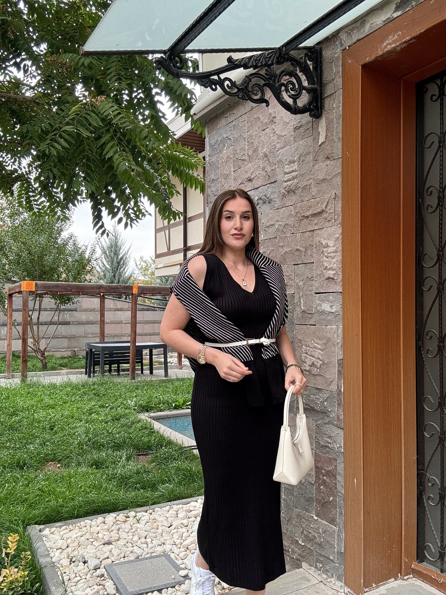 Yatay Çizgili Pikeli Jileli Takım - SİYAH