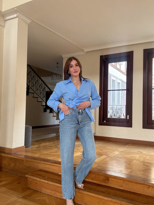 Taşlı Palazzo Jean Pantolon Mavi