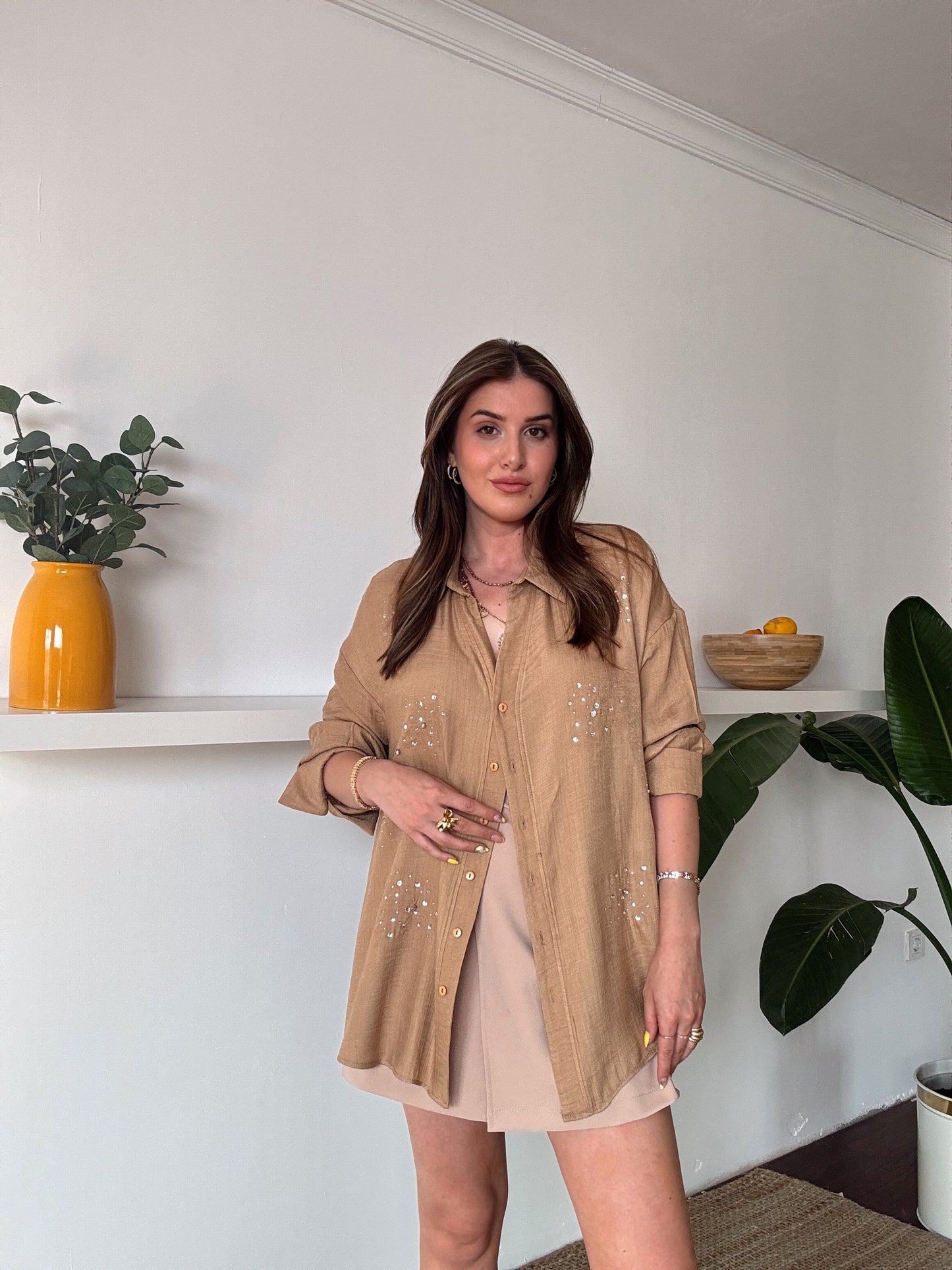 DİANA taş detaylı KETEN gömlek CAMEL