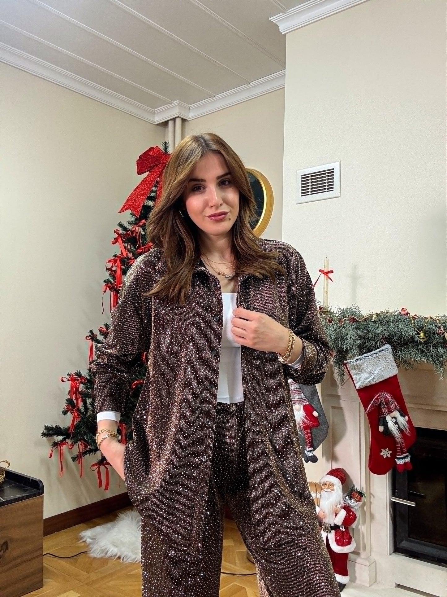 Gold simli taşlı takım-ACIKAHVE