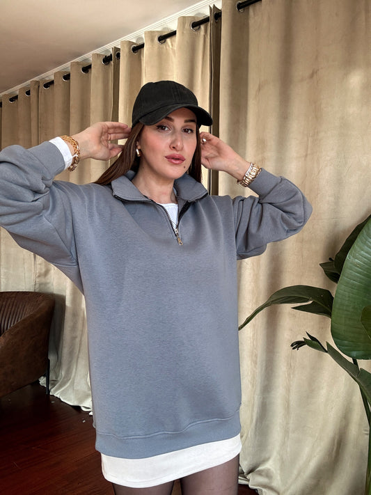 3 İplik Şardonlu Yarım Fermuarlı Sweatshirt - GRİ