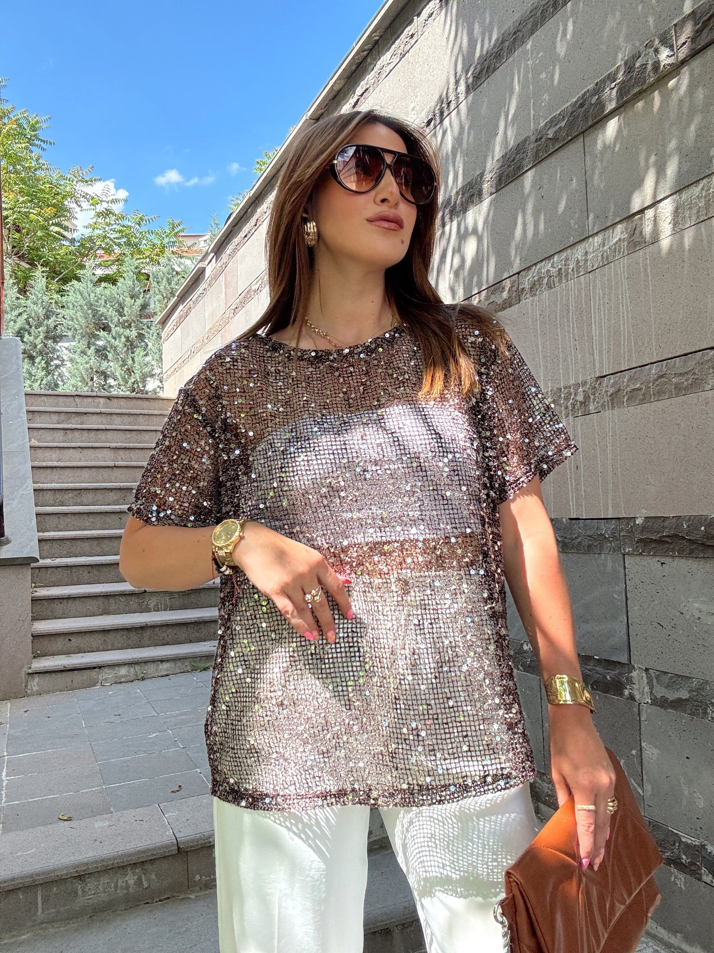 Premium pullu kumaş bluz Kahve