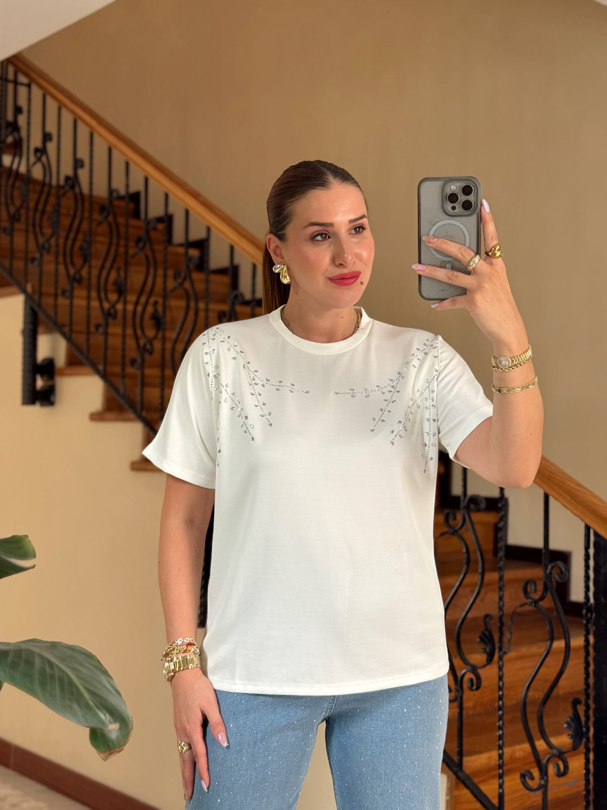 Damla taş detaylı modal tişört BEYAZ