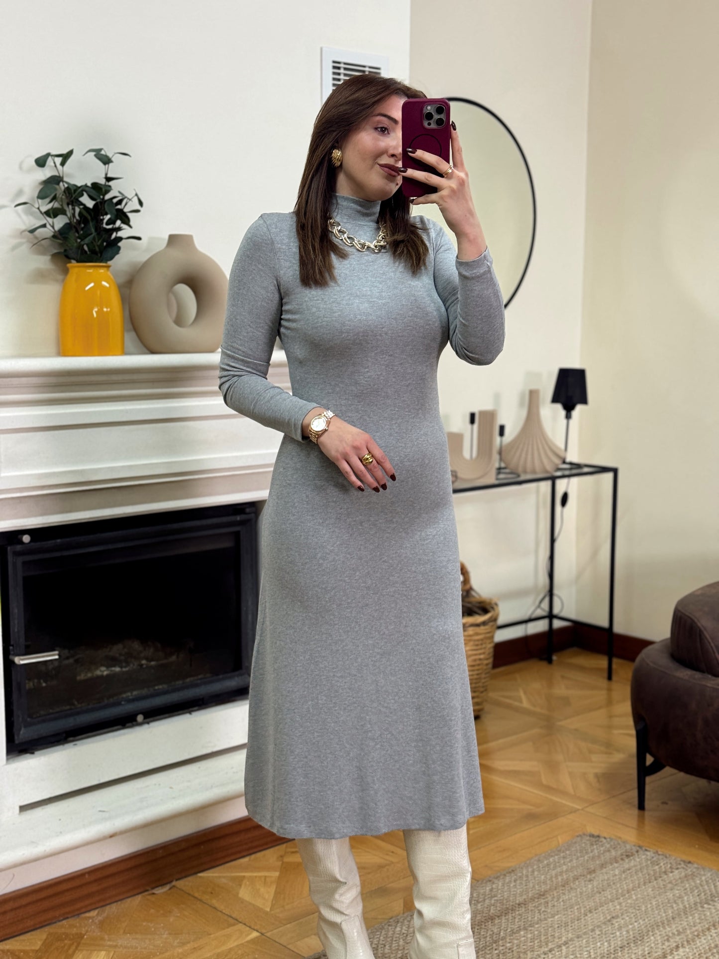 Dik yaka elbise-GRİ