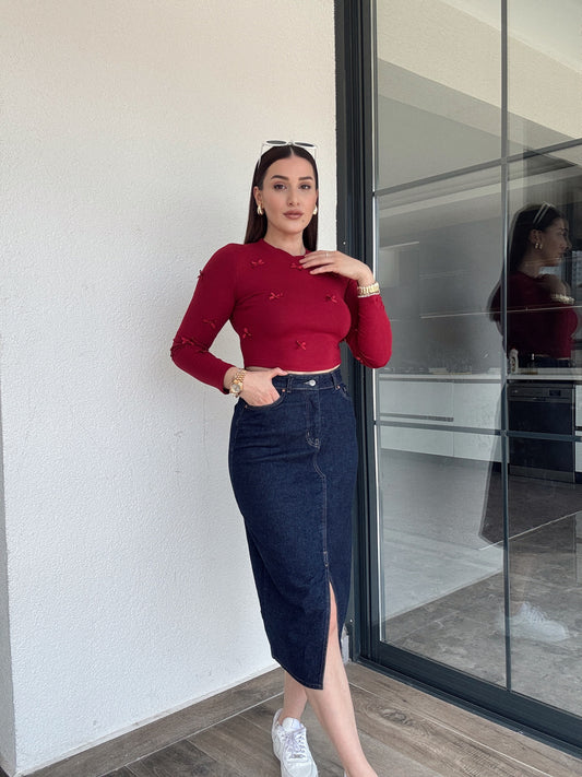 Fiyonklu Crop Bluz BORDO