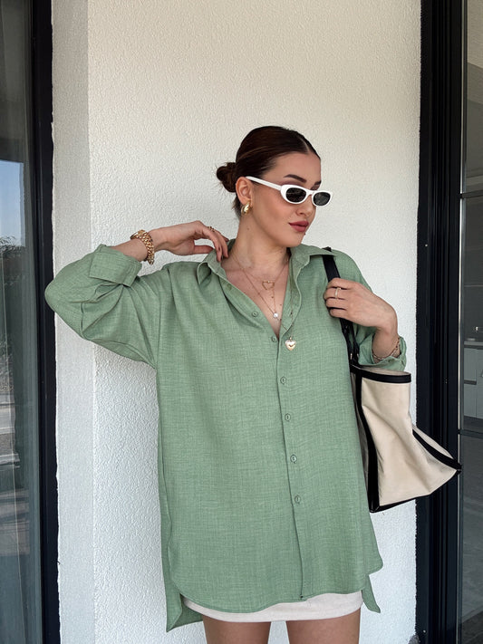 Arka Çift Pens Oversize Keten Gömlek YEŞİL